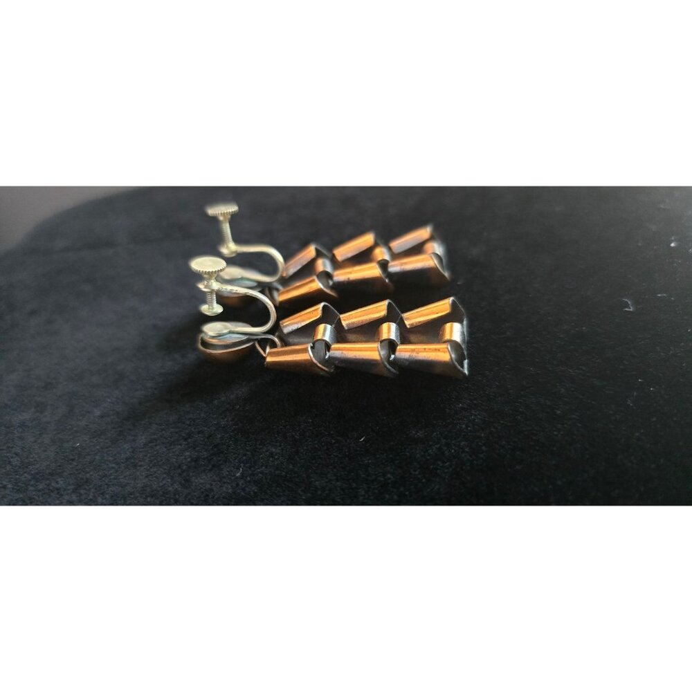 Vintage Copper Dangle Earrings Modernist Geometric Tiered Statement Screw-Back - Picture 7 of 11